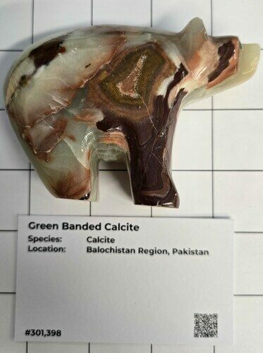 Carved Green Banded Calcite Bear - Pakistan #301398